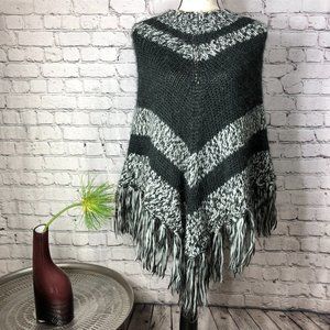 REACTION by KENNETH COLE Knit Fringe Poncho, Black with Salt & Pepper